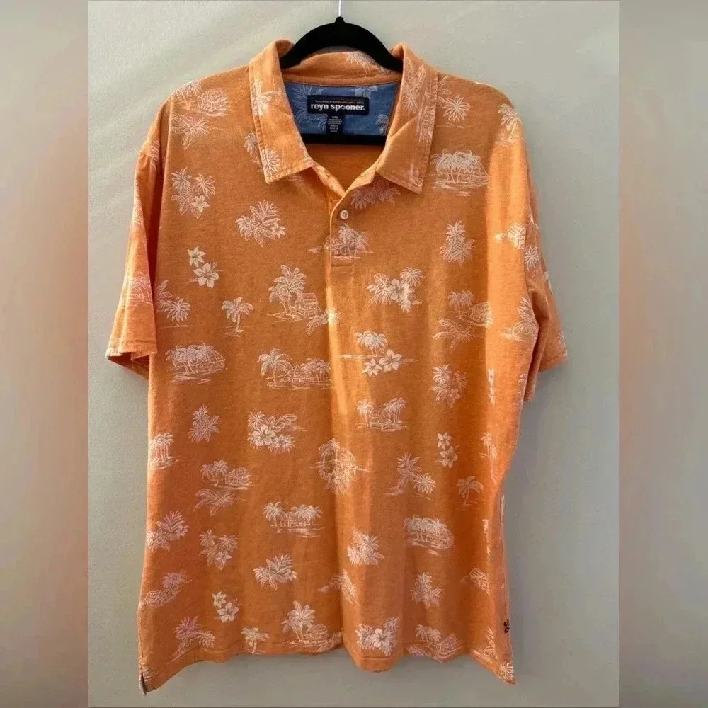 Reyn Spooner Mens Orange Floral Hawaiian Polo Short Sleeve Shirt XXL